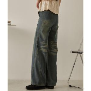 ジーンズ デニム デニムパンツ 「NuNuNa」ヴィンテージ加工 サイドクロスデザイン ハイウエストワイドデニムパンツ レディース
