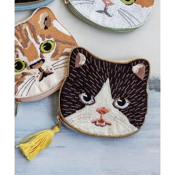 ポーチ ネコ刺繍＆ビーズミニポーチ 小銭入れ レディース