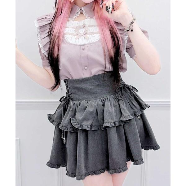 tシャツ 半袖 ヨークリボンフリルブラウス レディース