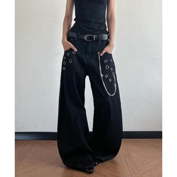 ジーンズ デニム デニムパンツ ハトメチェーン付きブラックワイドデニムパンツ レディース