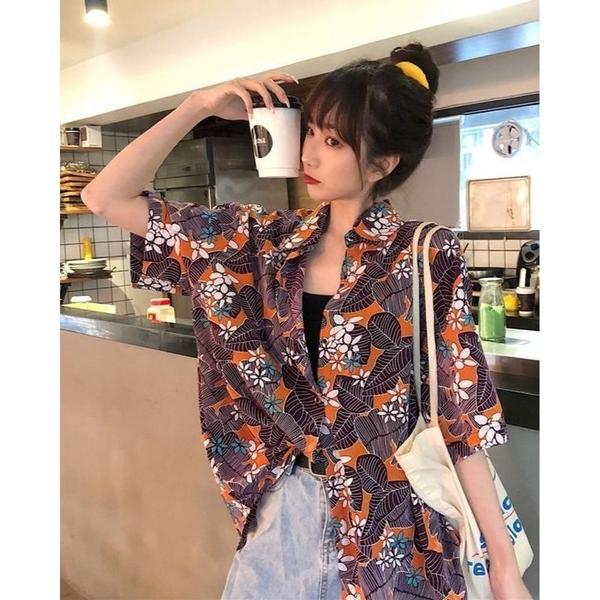 ブラウス シャツ 半袖 レトロボタニカル半袖ルーズシャツ レディース