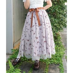 ロング スカート 刺繍チュールストライプ柄スカート