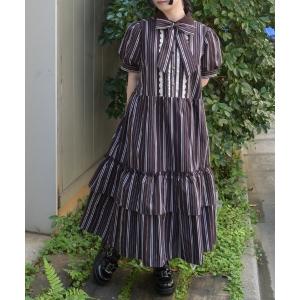 ワンピース 半袖 ストライプ柄ティアードワンピース