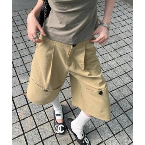 ワイドパンツ ハーフパンツ パンツ 短パン 折り返しデザインハーフパンツ レディース