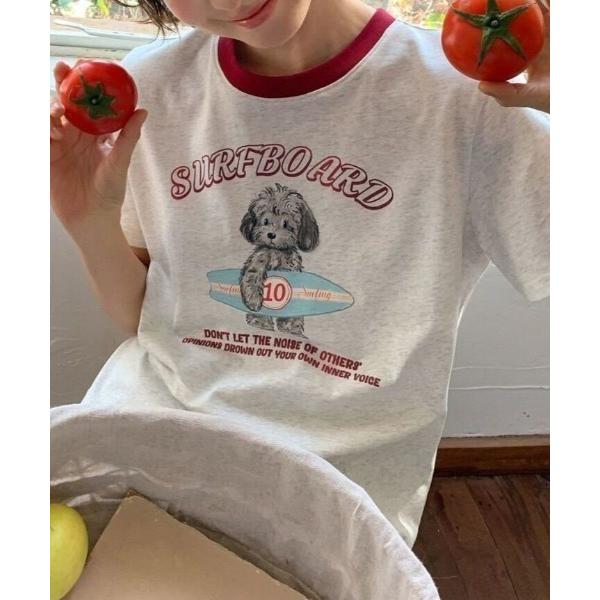 tシャツ 半袖 ドッグプリント バイカラーリンガー半袖Tシャツ トイプードル レディース