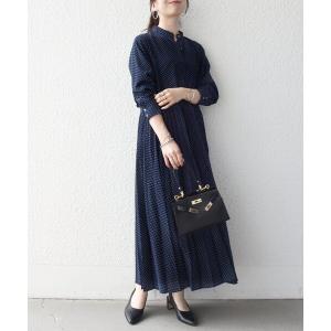 ワンピース SHIPS any:「手洗い可能」ドット バンドカラー プリーツ ロング ワンピース