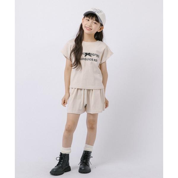 tシャツ 「2点セット」フロントロゴプリントフレンチスリーブトップス＋フレアショートパンツ キッズ ...
