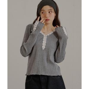 tシャツ lace trim random rib v neck henley top / ランダムリブVネックレースヘンリートップス レディース