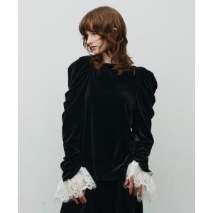 tシャツ レースカフスベロアギャザーパフスリーブTOPS レディース