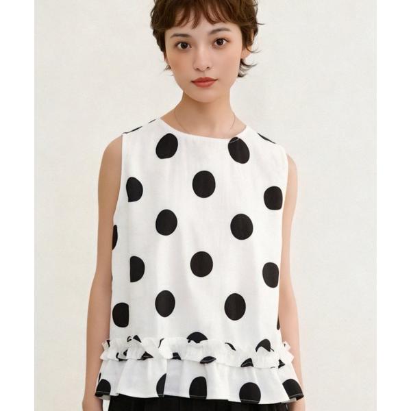 リネンシャツ ブラウス シャツ 夏 麻混裾フリルBIGドット柄ノースリーブTOP レディース
