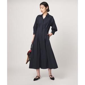 ワンピース 「size SHORTあり」シャツ襟 フィット＆フレア タック 5分袖 ワンピース