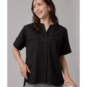 ブラウス シャツ 半袖 「洗濯後しわになりにくい/ひんやり/UV/吸水速乾」Wポケットが目を引く オンオフ使えるスキッパーブラウス レディース