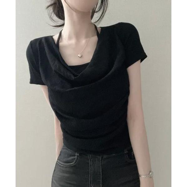 tシャツ 半袖 ホルターレイヤード風 ドレープネック 半袖リブトップス レディース