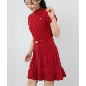 ワンピース 半袖 「LADIES」ベルト付きケーブルニットワンピース