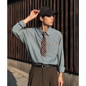 シャツ HOOK ネクタイ付き長袖チェックシャツ チェーンチャーム レトロ メンズ レディース