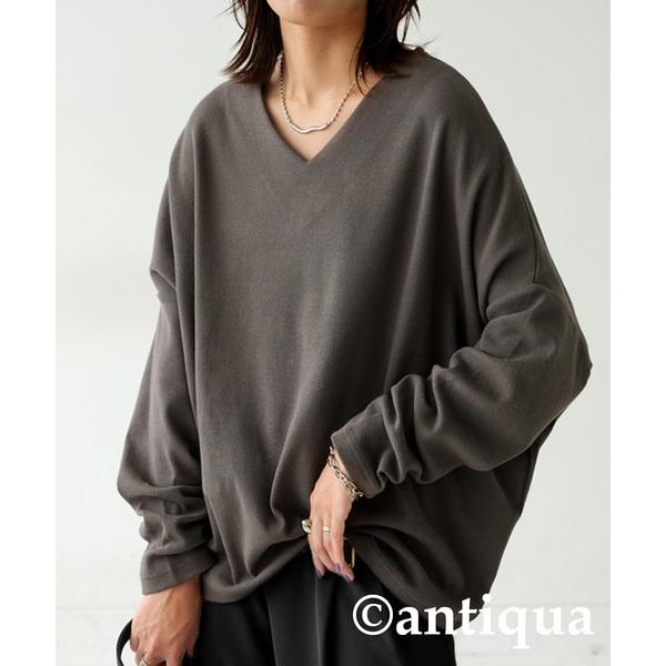 「antiqua」 長袖カットソー V チャコールグレー レディース
