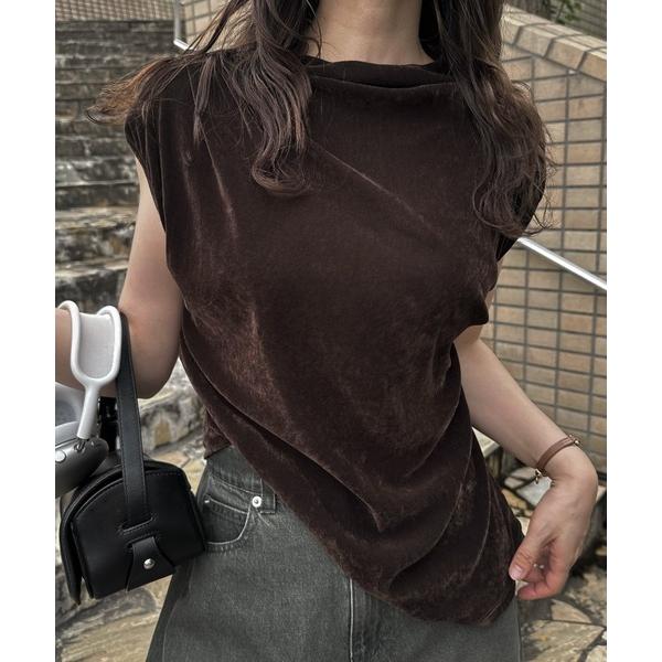 stretch sheer velour bottle neck no sleeve tops レデ...