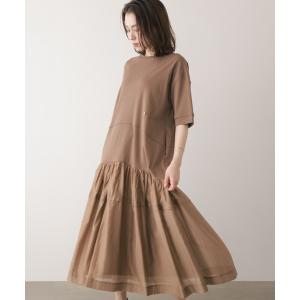 ワンピース 半袖 異素材ペプラム切替ワンピース