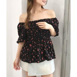 ブラウス シャツ 半袖 花柄シャーリングブラウス レディース