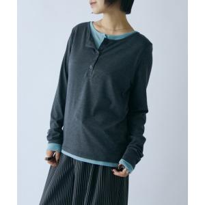 ヘンリーネック tシャツ 配色ヘンリーネックトップス レディース