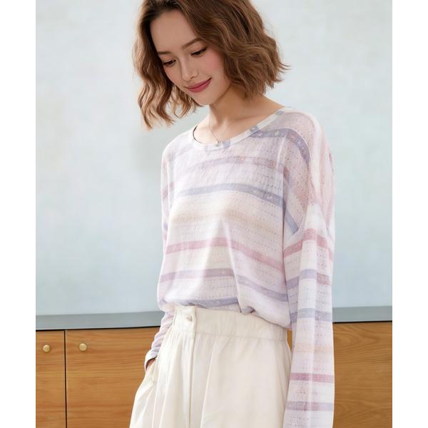ヘンリーネック tシャツ ラッセル編みむら染め風小花プリント長袖ボーダーTシャツ レディース