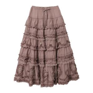 ロング スカート ローズモチーフ使い配色フリルローンスカート