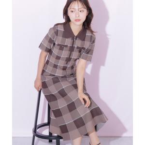 ワンピース 半袖 ビッグチェックニットワンピース