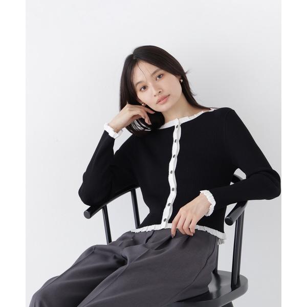 カーディガン フリルトリム総針配色カーデ レディース