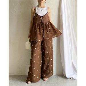 セットアップ 夏 花柄 水玉 ドット柄 刺繍 ステッチ エンブロイダリー キャミソール ビスチェ ワイドパンツ セットアップ レディース