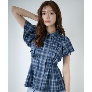 ブラウス シャツ 半袖 ラッフルスリーブチェックシャツブラウス レディース