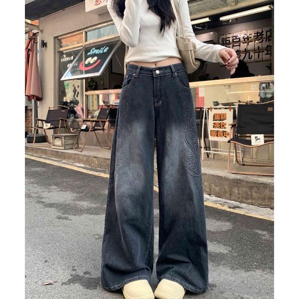 ワイドパンツ ジーンズ デニム デニムパンツ ウォッシュ加工 ヴィンテージ風 3Dフラワー デニムパ...