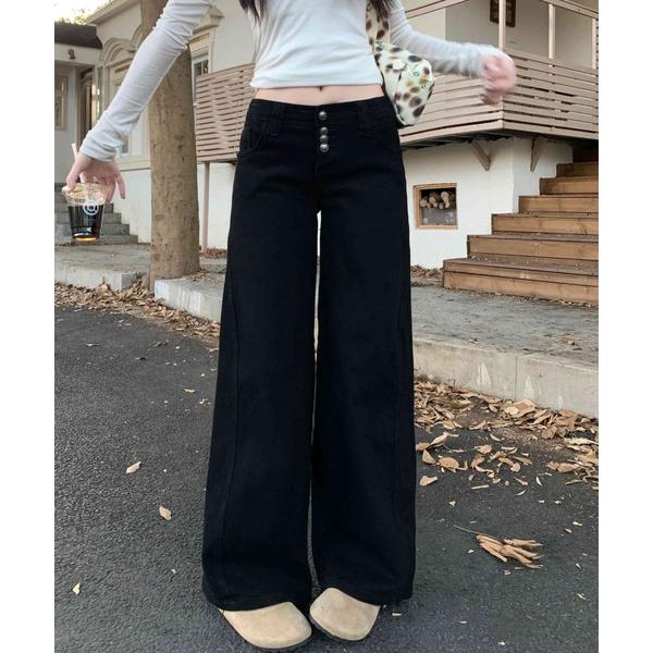 ジーンズ デニム デニムパンツ ウォッシュ加工 ヴィンテージ風 フロントボタン ローウエスト デニム...