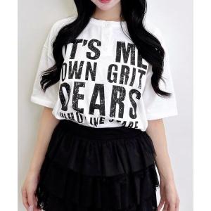 ヘンリーネック tシャツ 半袖 かすれロゴヘンリーネックチュニックTシャツ レディース