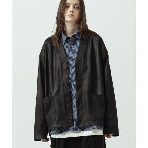 カーディガン 「SLICK/スリック」Double Cloth Synthetic Leather Cardigan/ダブルクロス シンセティックレザーカーディガン メンズ レディース