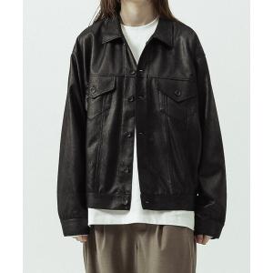 ブルゾン アウター 「SLICK/スリック」Double Cloth Synthetic Leather Trucker Shirt Jacket/ダブルクロス シンセティックレザー トラッカーシャツジャケ…