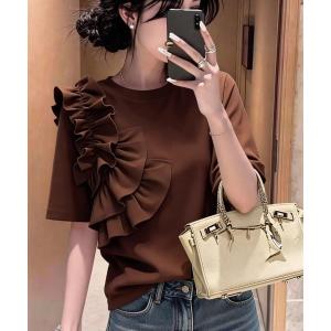 tシャツ 半袖 アシメフリル・半袖カットソー（ブラウン） レディース