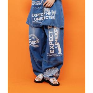 ワイドパンツ ジーンズ デニム デニムパンツ ScoLar(スカラー) ロゴ半ラバープリント デニムorヒッコリーパンツ レディース