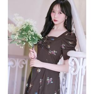 ワンピース 夏 半袖 フローラルベリープリントギャザースリーブワンピース