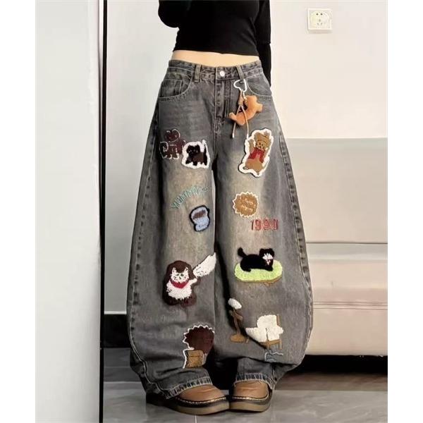 ワイドパンツ ジーンズ デニム デニムパンツ 立体感刺繍ワイドデニムパンツ レディース