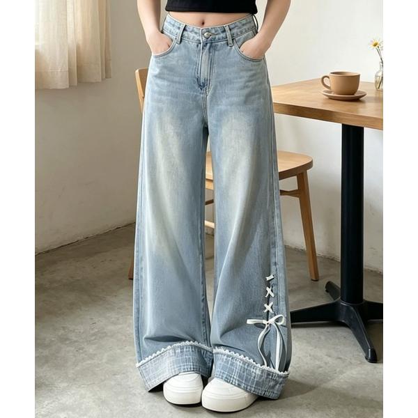 ワイドパンツ ジーンズ デニム デニムパンツ lace-up wide denim pants レデ...