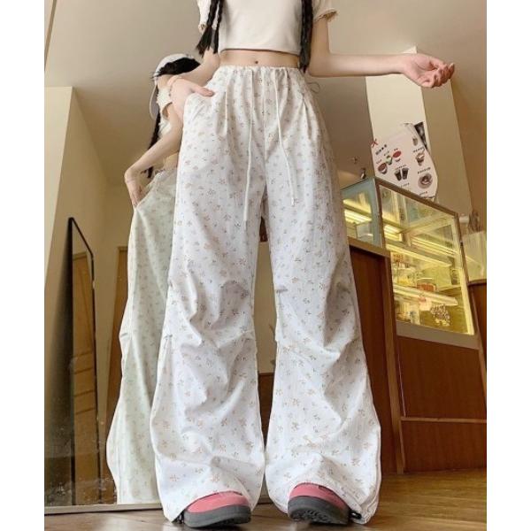 ワイドパンツ パンツ フラワープリントパラシュートパンツ レディース