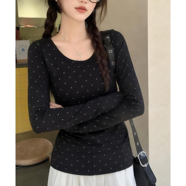 ヘンリーネック tシャツ ドット柄長袖カットソーTシャツ・ラウンドネック レディース