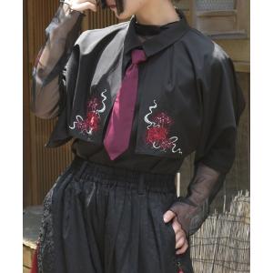 ブラウス シャツ 半袖 彼岸花刺繍ネクタイＢＬ レディース