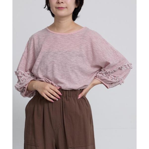 tシャツ シアーボーダーフリルパフ袖カットソー レディース