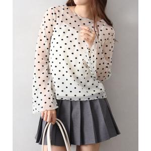 tシャツ 「秋インナーにも/透け感」キャミ付シアードットフレアスリーブ レディース
