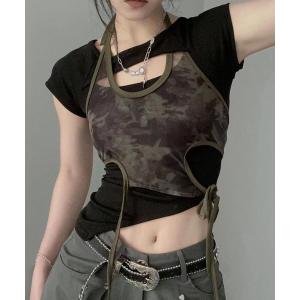 tシャツ 半袖 「CANVAS＋」ニュアンス柄タンク×Tシャツレイヤーセット レディース