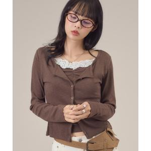 tシャツ レース付きフェイクレイヤードトップス レディース