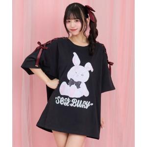 tシャツ 半袖 レースアッププリントTシャツ レディース