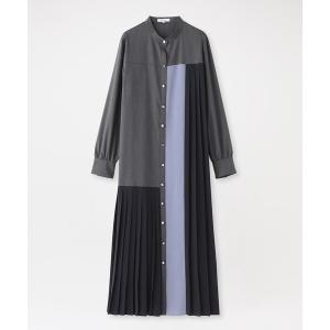 シャツワンピース プリーツコンビカラーブロックドレス