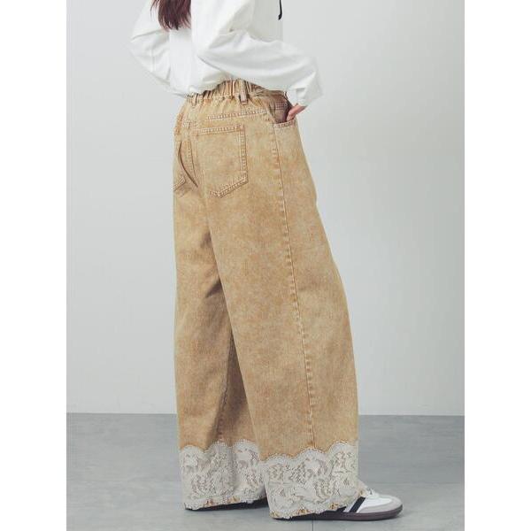 ワイドパンツ ジーンズ デニム デニムパンツ デニム裾レースワイドパンツ レディース